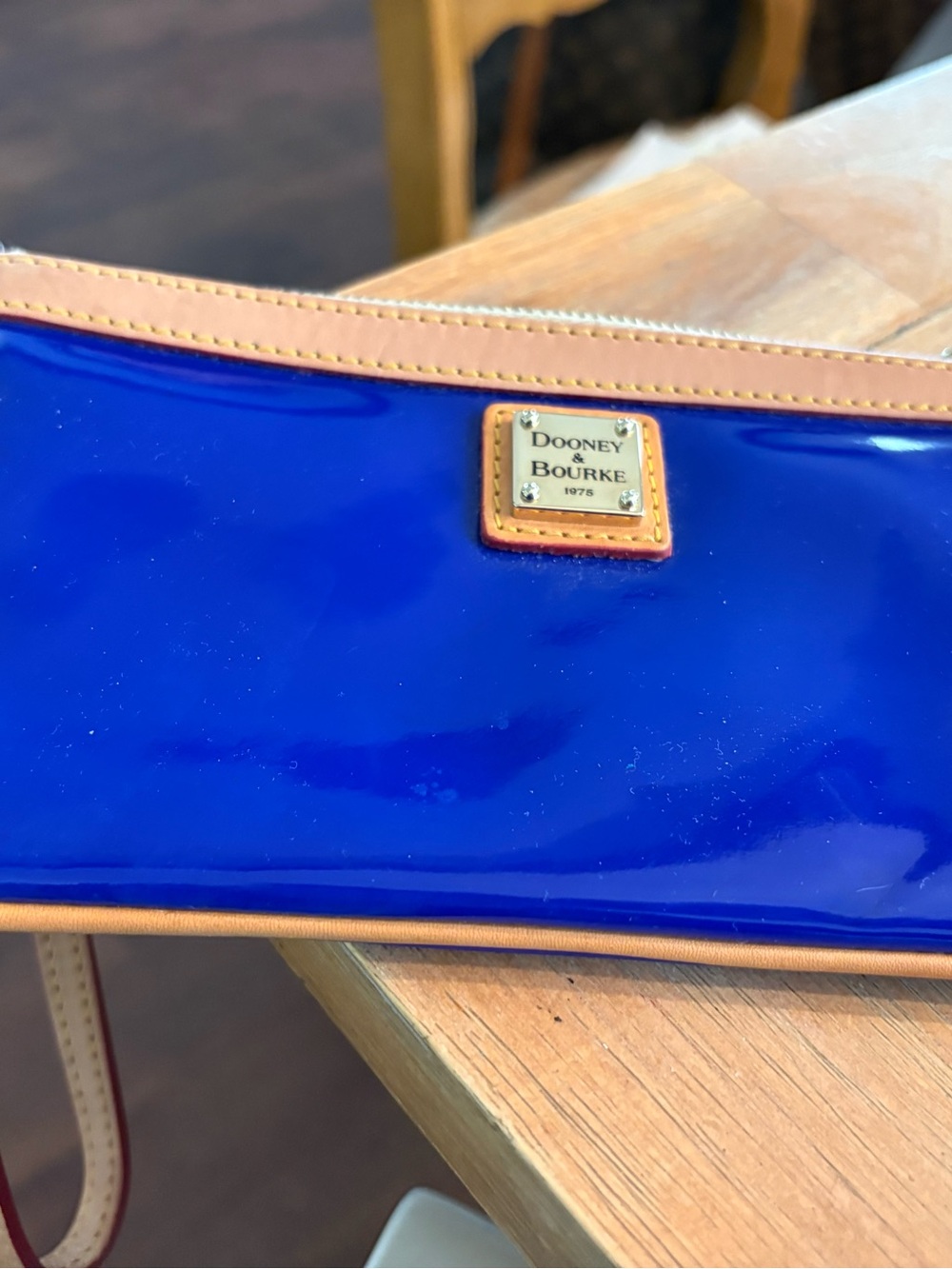 Dooney & Bourke Royal Blue Patent Leather Wristlet with Tan Trim - Picture 1 of 8
